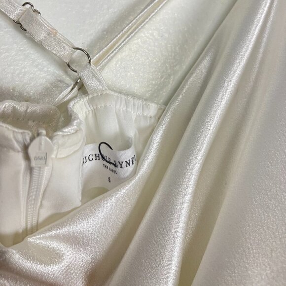 NICHOLE LYNEL Feather Trim Satin Body-Con Dress in White Size Small - Picture 5 of 12